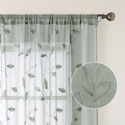 HOMEIDEAS Sage Green Kitchen Curtains Leaf Embroidered, 52x45, 2 Panel - color: 1-sage Green, size: 52"W x 45"L (Pack of 2)