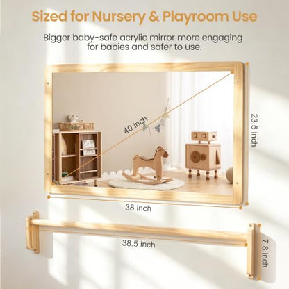 Montessori Mirror with Pull Up Bar, Large 38.2 x 23.6 in Natural Wood & Shatter-Resistant Acrylic Baby Mirror for Tummy Time, Horizontal/Vertical Floor Use, Wall Mounting and Pull-to-Stand - size: 38.2"L x 38.2"W