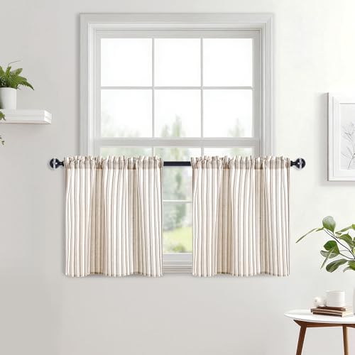JIUZHEN Striped Linen Kitchen Curtains 2 Panels - Short Tier Drapes with Rod Pocket, Farmhouse Cafe Curtains for Small Windows 24 Inch Length, Vertical Striped Brown - color: Vertical Striped Brown, size: 26"W x 24"L (Pack of 2)