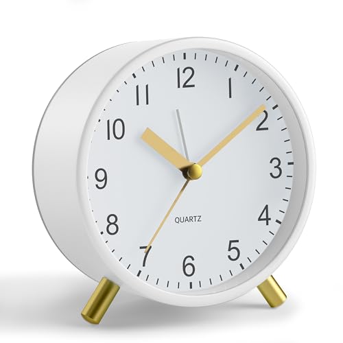 JALL Analog Alarm Clock, 4 inch Super Silent Non Ticking Small Clock with Night Light, Battery Operated, Simple Design, Easy Setting for Office, Bedroom, Bedside, Desk, Teens, Elders, Adult, White - color: White