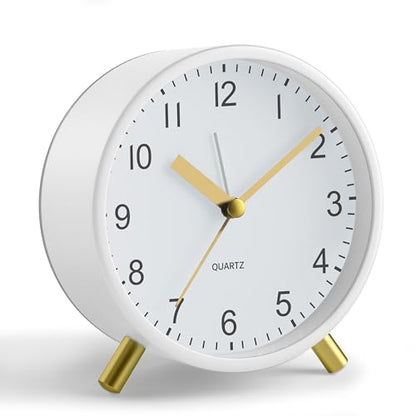 JALL Analog Alarm Clock, 4 inch Super Silent Non Ticking Small Clock with Night Light, Battery Operated, Simple Design, Easy Setting for Office, Bedroom, Bedside, Desk, Teens, Elders, Adult, White - color: White