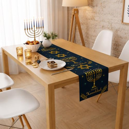 Hanukkah Decorations - Navy Blue Gold Hanukkah Table Runner - color: Navy Blue