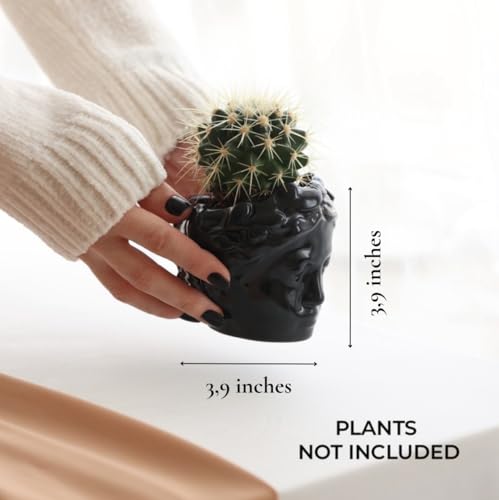 Small Head Planter - Ceramic Face Planter Pots for Indoor Plants, Cute Funny Succulent Pot with Drainage Hole, Unique Gift, 3.9" - color: Black