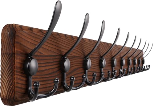 Gohiuo Rustic 38.6" Large Coat Rack Wall Mount, Long Wood Coat Hooks with 10 Triple Hooks, Heavy Duty Wooden Coat Hanger Wall Mount for Entryway, Farmhouse Hanging Jackets, Coats, Hats, Bags,Towel - size: 10 hooks-1 items