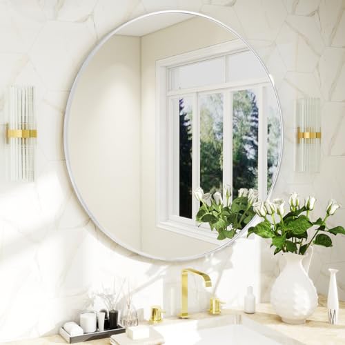 BEAUTYPEAK 24 Inch Round Mirror, Metal Frame Circle Mirror, White - color: White, size: 24"L x 24"W