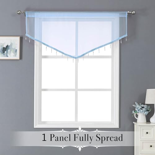 WUBODTI Blue Beaded Sheer Valance Curtains for Windows, Triangle Sheer Voile Kitchen Swag Curtain Valances Boho Bead Tassels Window Valances for Bedroom Living Room Bathroom,3PCs, Each W51 x L24 - color: Blue
