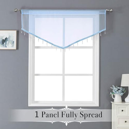 WUBODTI Blue Beaded Sheer Valance Curtains for Windows, Triangle Sheer Voile Kitchen Swag Curtain Valances Boho Bead Tassels Window Valances for Bedroom Living Room Bathroom,3PCs, Each W51 x L24 - color: Blue