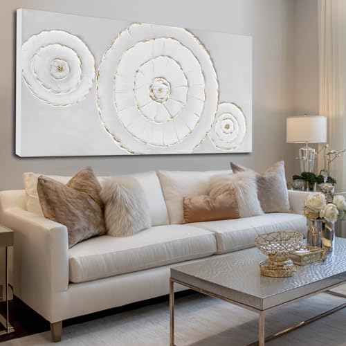 Ocevarin White and Gold Art Wall Decor Circle Hand Painted Artwork Abstract Canvas Wall Art Modern Gold Line Pictures for Living Room Bedroom Kitchen 24x48 Inch - color: Circle, size: 48"L x 24"W
