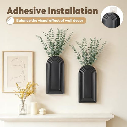 Wooden Wall Vase with 20 Eucalyptus, 2 Mount Options, Black, 2 Pcs - color: Black