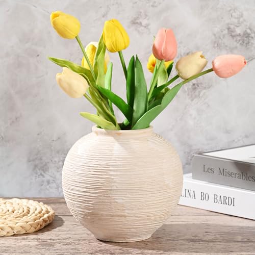 Rustic Ceramic Vintage Farmhouse Vase for Decor (Small Ribbed Whitewash) - style: 02 - Small Ribbed Whitewash