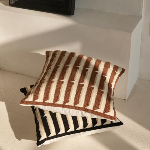 Black Cream Modern Strip Tufted Throw Pillow Covers，Neutral Textured Minimalism Chunky Pillowcases,Bohemian Mid Century Geometric Sham for Couch,1PC,18x18 Inch