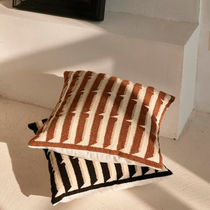 Black Cream Modern Strip Tufted Throw Pillow Covers，Neutral Textured Minimalism Chunky Pillowcases,Bohemian Mid Century Geometric Sham for Couch,1PC,18x18 Inch