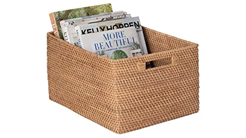 KOUBOO Loma Rectangular Rattan Storage Basket with Handles, Honey Brown - color: Honey-Brown