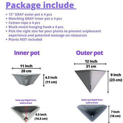 LaLaGreen Wall Planters for Indoor Plant (12in, 4 Pack) Hanging Flower Vase - color: Gray X 4 Pack