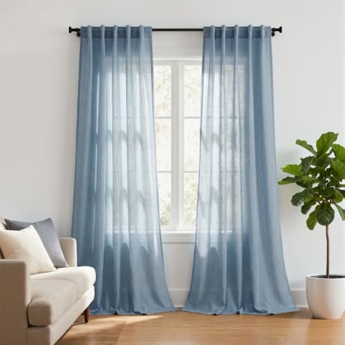 Stone Blue Linen Narrow Curtains 84 Inches Long for Bedroom, Farmhouse Semi Sheer Light Filtering Skinny Window Drapes for Living Room 2 Panels Set, Dusty Slate Blue, Cortinas Azul Pizarra, 42x84 - color: Stone Blue, size: 42"W x 84"L (Pack of 2)