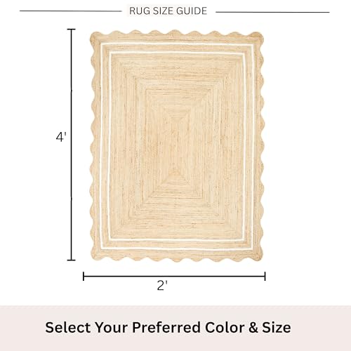 Wave Scalloped Jute Rug Entryway Natural Boho Area Rug Off-White 2'x4' - color: White, size: 2'x4'