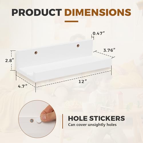 Muzilife 12" Small Floating Shelves Wood Wall Shelf with Lip, 2Pcs, White - color: White, size: 12"