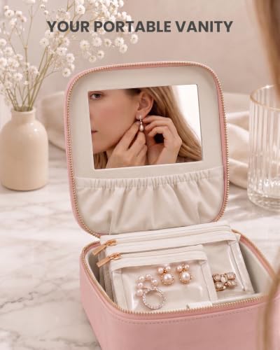 Lolalet Travel Jewelry Organizer for Women, Jewelry Case with Mirror - color: Pink