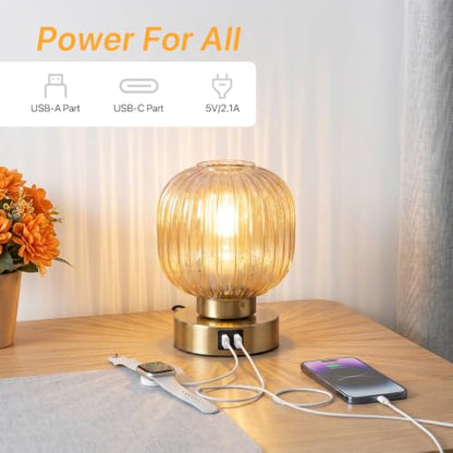 Elenhome Touch Table Lamp Set of 2, 3-Way Dimmable with Glass Shade, USB-C+A Charging Ports, Mid-Century Modern Small Bedside Lamps for Nightstand, Bedroom, and Living Room, LED Bulb Included (Amber) - color: Gold_2pack
