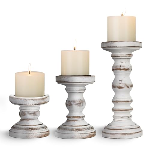 Candle Holder for Pillar Candle Set of 3, Farmhouse Wood Candle Holder, Rustic Wooden Candle Stand, Vintage Tall Candle Stand Decorative for Living Room, Table Centerpiece,White - color: Retro White