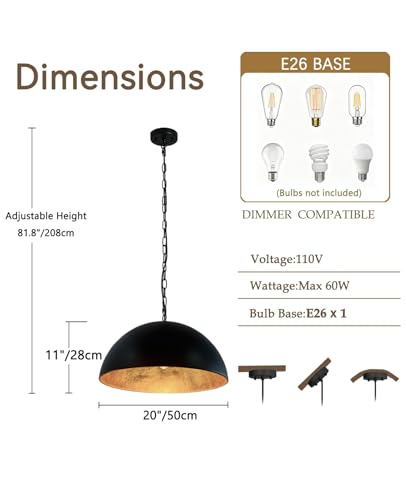 20 Inch Dome Pendant Light-Black and Gold Pendant Light with Gold Leaf Interior, Farmhouse Industrial Chandelier for Dining Table, Kitchen Island, Bar - size: 20" Dome