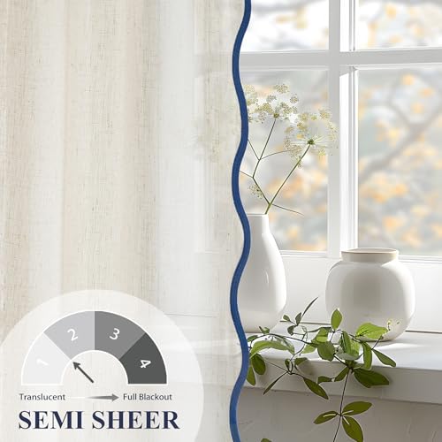 DriftAway Semi Sheer Scalloped Edge Linen Coastal Beach Window Curtains for Living Room Bedroom 2 Panels Rod Pocket Each Size 52 Inch by 96 Inch Navy - color: Linen Navy, size: 52"W x 96"L (Pack of 2)