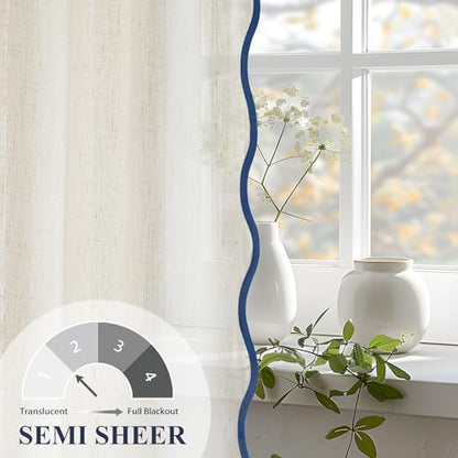 DriftAway Semi Sheer Scalloped Edge Linen Coastal Beach Window Curtains for Living Room Bedroom 2 Panels Rod Pocket Each Size 52 Inch by 96 Inch Navy - color: Linen Navy, size: 52"W x 96"L (Pack of 2)