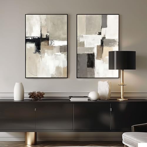 SAFERRYHOME Neutral Abstract Beige,Gray and Black Wall Art Set of 2,24"x36" - color: Neutral, size: 24" x 36" x 2 Panel Framed