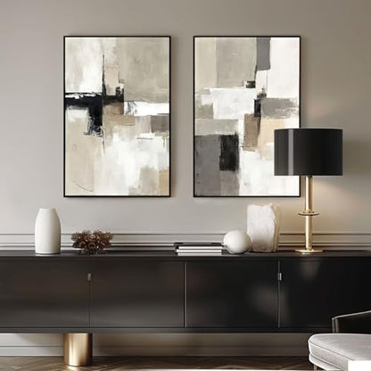 SAFERRYHOME Neutral Abstract Beige,Gray and Black Wall Art Set of 2,24"x36" - color: Neutral, size: 24" x 36" x 2 Panel Framed