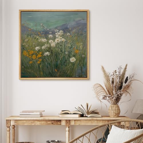 MUDECOR Framed Canvas Print Wall Art Vibrant Wildflower Meadow Impressionist Floral Landscape Illustrations Modern Art Group Colorful for Living Room, Bedroom, Office - 16"x16" NATURAL - color: B09-2604-M17, size: 16"L x 16"W