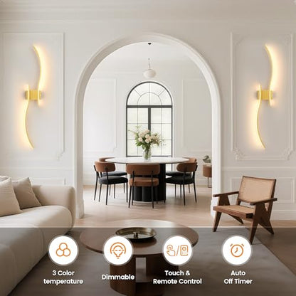 VOLISUN Battery Operated Wall Sconces Set of Two, 39.4 inch Wireless Wall Sconces, 3000K-6500K Dimmable Wall Lamps with Remote, Rechargeable Gold Wall Lights for Living Room, Hallway, Bedroom - color: Gold, size: 39.4 INCH