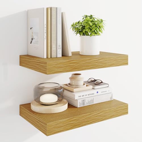 Marsmiles 16" Floating Shelves for Wall, Wooden Shelves with Invisible Brackets Set of 2, Rustic Farmhouse Wall Mounted Shelf for Kitchen Bathroom Living Room Study, Natural Oak - color: Natural Oak, size: 16"