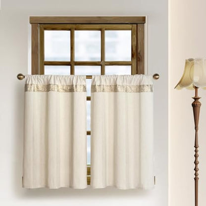 Oindec Cotton Linen Kitchen Curtains 36 inches - size: 27"W x 36"L (Pack of 2)