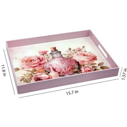 Serving Tray with Handles, 15.7 * 11.8 inches, Plastic Ottoman Tray with Exquisite Paintings, Trays for Coffee Table - color: Pink Vase