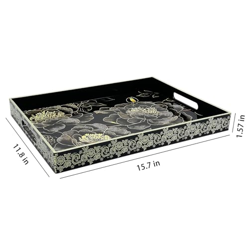 Serving Tray with Handles, 15.7 * 11.8 inches, Plastic Ottoman Tray with Exquisite Paintings, Trays for Coffee Table - color: Black Peony