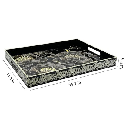Serving Tray with Handles, 15.7 * 11.8 inches, Plastic Ottoman Tray with Exquisite Paintings, Trays for Coffee Table - color: Black Peony