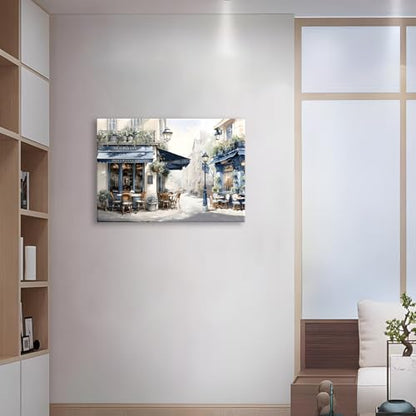 Framed European Street Canvas Art, 24"x16" Modern Cafe Scene - color: Blue 02, size: 24"L x 16"W
