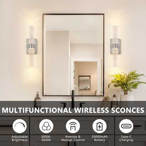 Battery Operated Wall Sconces Set of 2, 20000mAh Rechargeable Wall Light | Remote Control 3000K-6000K Dimmable LED Wireless Sconces,Brushed Nickel,15.6 Inch - color: Nickel, size: 15.6 Inch