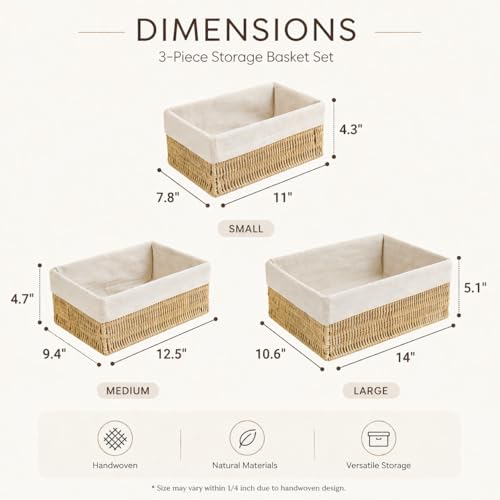 Large Woven Storage Baskets Set of 3, Shelf & Closet Bins - size: Large without Lids