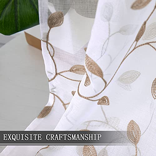Tollpiz Leaves Sheer Tier Curtain Taupe Leaf Embroidery Kitchen Half Curtains Rod Pocket Voile Faux Linen Embroidered Leaves Curtain for Bathroom, 30 x 36 inches Long, Set of 2 Panels - color: Taupe, size: 30"W x 36"L (Pack of 2)