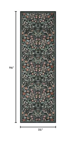 Lahome Botanical Kitchen Runner Rug, 2.6x8 Dark Floral Washable Runner Rug - color: Black, size: 2'6'' x 8'
