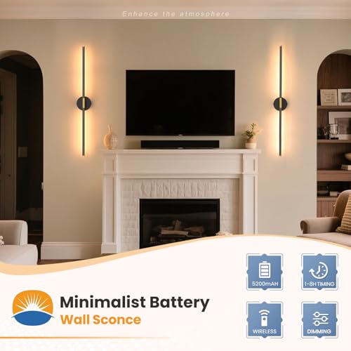 NIORSUN 35 Inch Battery Operated Wall Sconce Set of 2, 360° Rotation Gold Black Rechargeable Wall Lights with Detachable Tube and Remote, 3CCT Dimmable Wall Lamp for Living Room Bedroom Hallway - color: Gold Black, size: 35 Inch