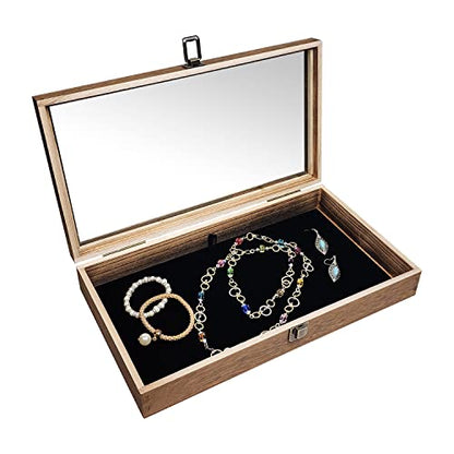 MOOCA Wood Jewelry Display Case with Tempered Glass Top, Velvet Pad - color: 9A) Brown, 2.75 Inch High
