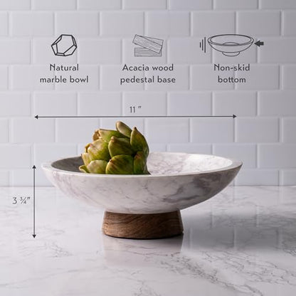 Cork & Mill Marble Decorative Bowl with Acacia Wood Pedestal, 11 Inch