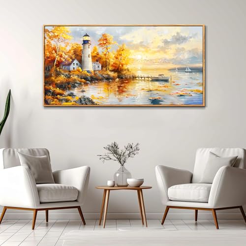 Ocean Beach Canvas Wall Art for Bedroom Lighthouse Seascape Painting 30x60 - color: Lighthouse Painting Wood Framed, size: 60"L x 30"W