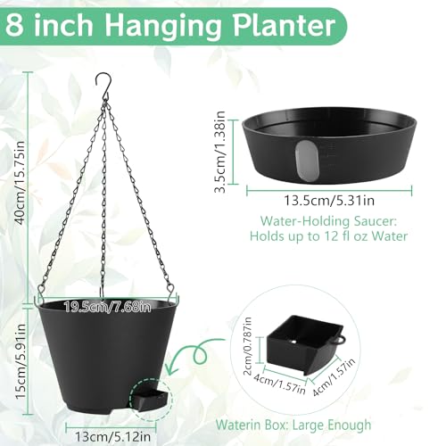8 Inch Hanging Planters Indoor Outdoor, 3 Pack Plastic Self Watering Plant Pots with Drainage Holes & Saucers, Hanging Baskets Flower Pots with Chain for Ivy, Spider Plant, Pothos, Ferns - color: Black