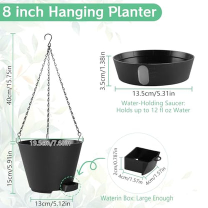 8 Inch Hanging Planters Indoor Outdoor, 3 Pack Plastic Self Watering Plant Pots with Drainage Holes & Saucers, Hanging Baskets Flower Pots with Chain for Ivy, Spider Plant, Pothos, Ferns - color: Black