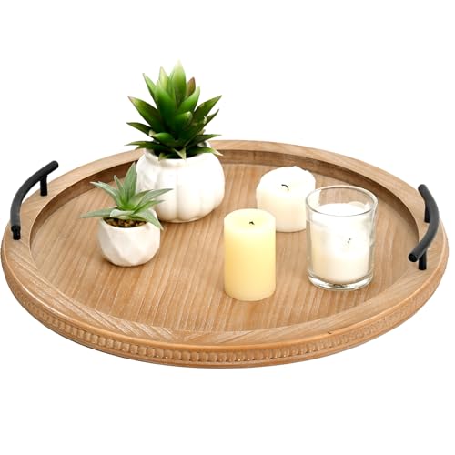 SwallowLiving 18Inch Brown Wooden Beaded Serving Tray with Handle Decorative Rustic Tray for Coffee Table Farmhouse Round Trays for Kitchen, Living Room and Bedroom - color: Brown, size: 18"