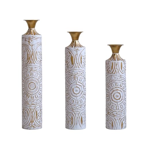 Metal Floor Vase Set - 3D Floral Relief Cylinder Vases for Living Room, Entryway & Office Decor, 24in/28.7in/33.5in Rustproof Tall Standing Home Décor (White+Gold Pattern) - color: White+gold Pattern