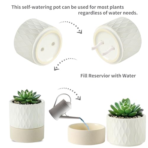 Nihow Self Watering Ceramic Plant Pot, 4.5 Inch, Cream White & Brown Net - color: Cream White & Brown Net, size: 4.5" Self Watering